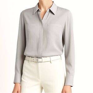 100% SILK Light Gray Button Down Blouse Shirt for Work XS